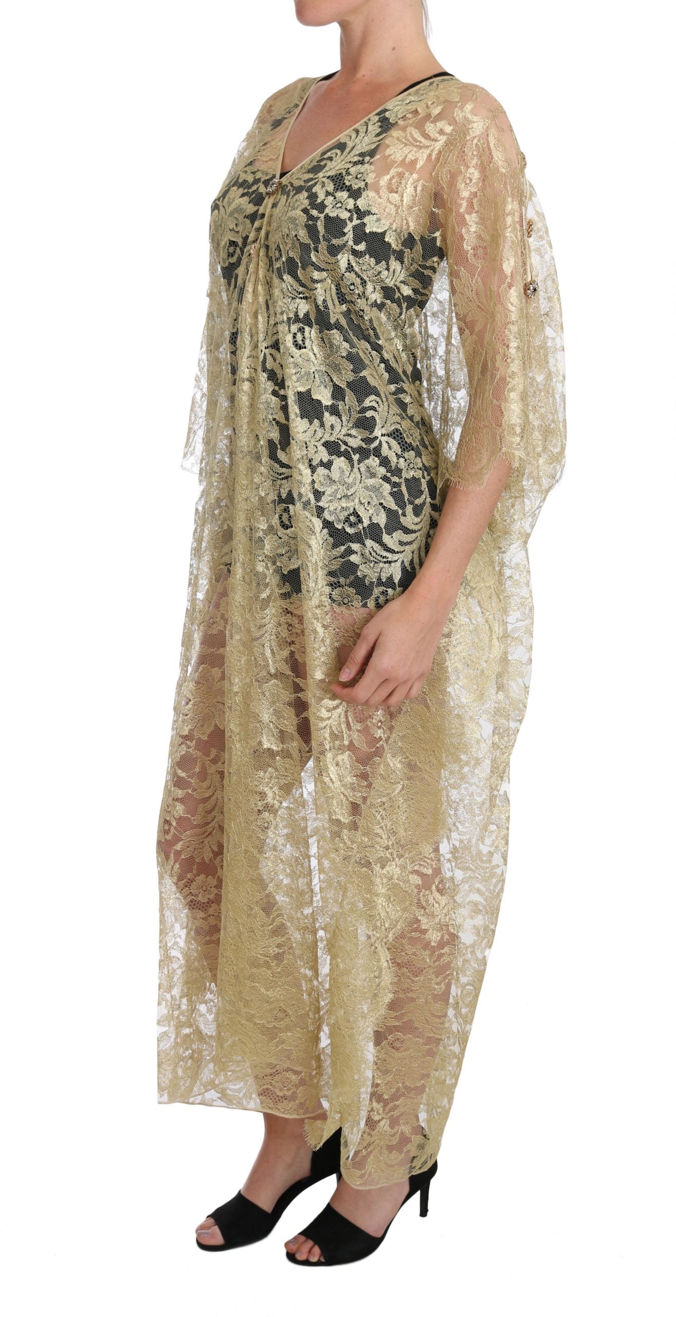 Dolce & Gabbana Gold Floral Lace Crystal Gown Cape Dress