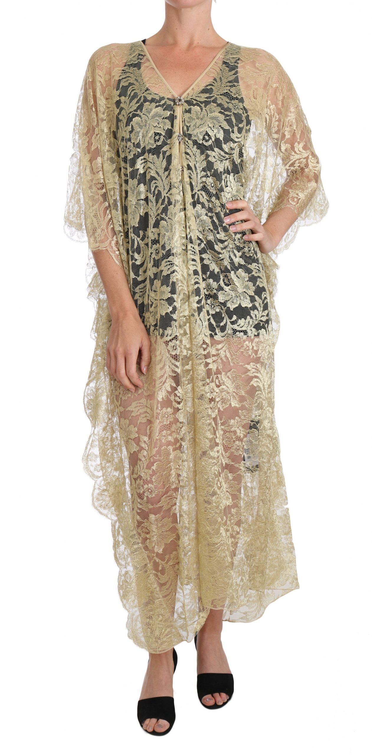 Dolce & Gabbana Gold Floral Lace Crystal Gown Cape Dress