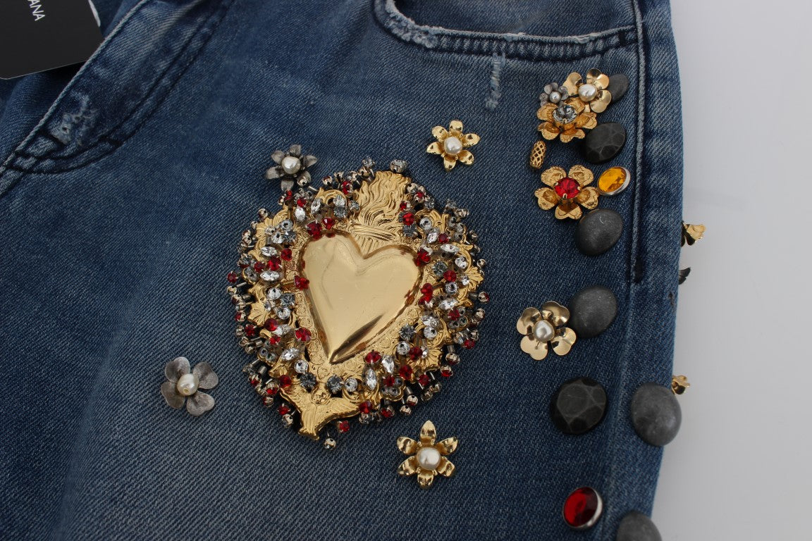 Dolce & Gabbana Crystal Roses Heart Embellished Jeans