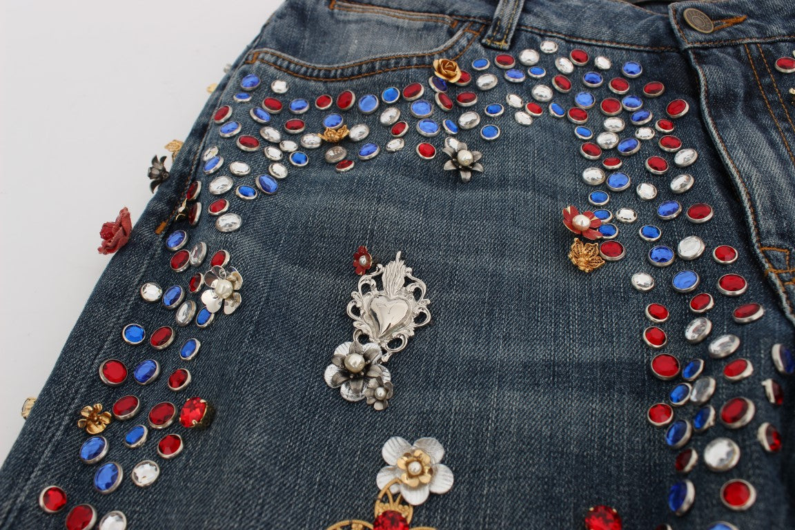 Dolce & Gabbana Crystal Roses Heart Embellished Jeans