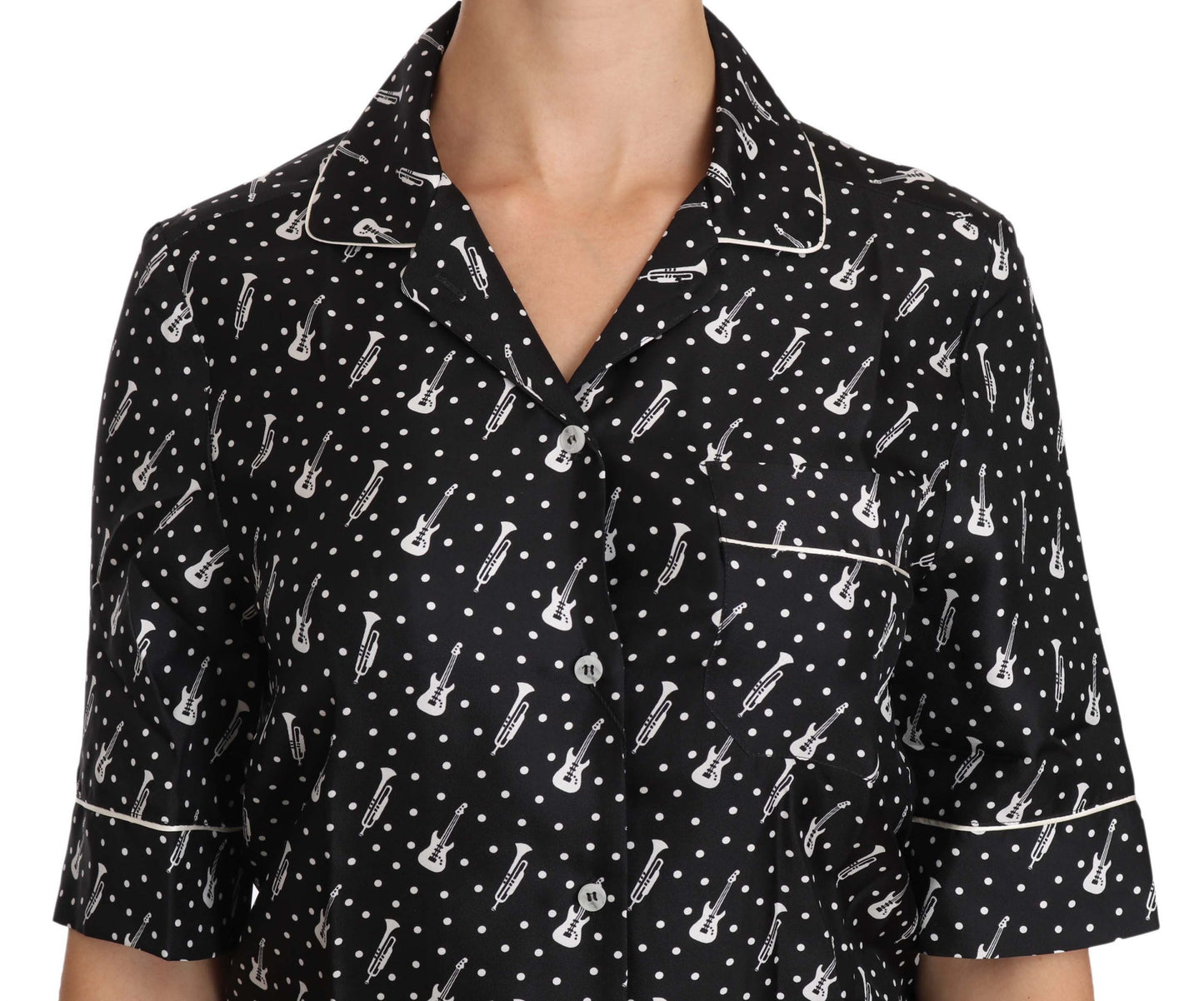 Dolce & Gabbana Black Guitar & Trumpet Print Silk Shirt Top