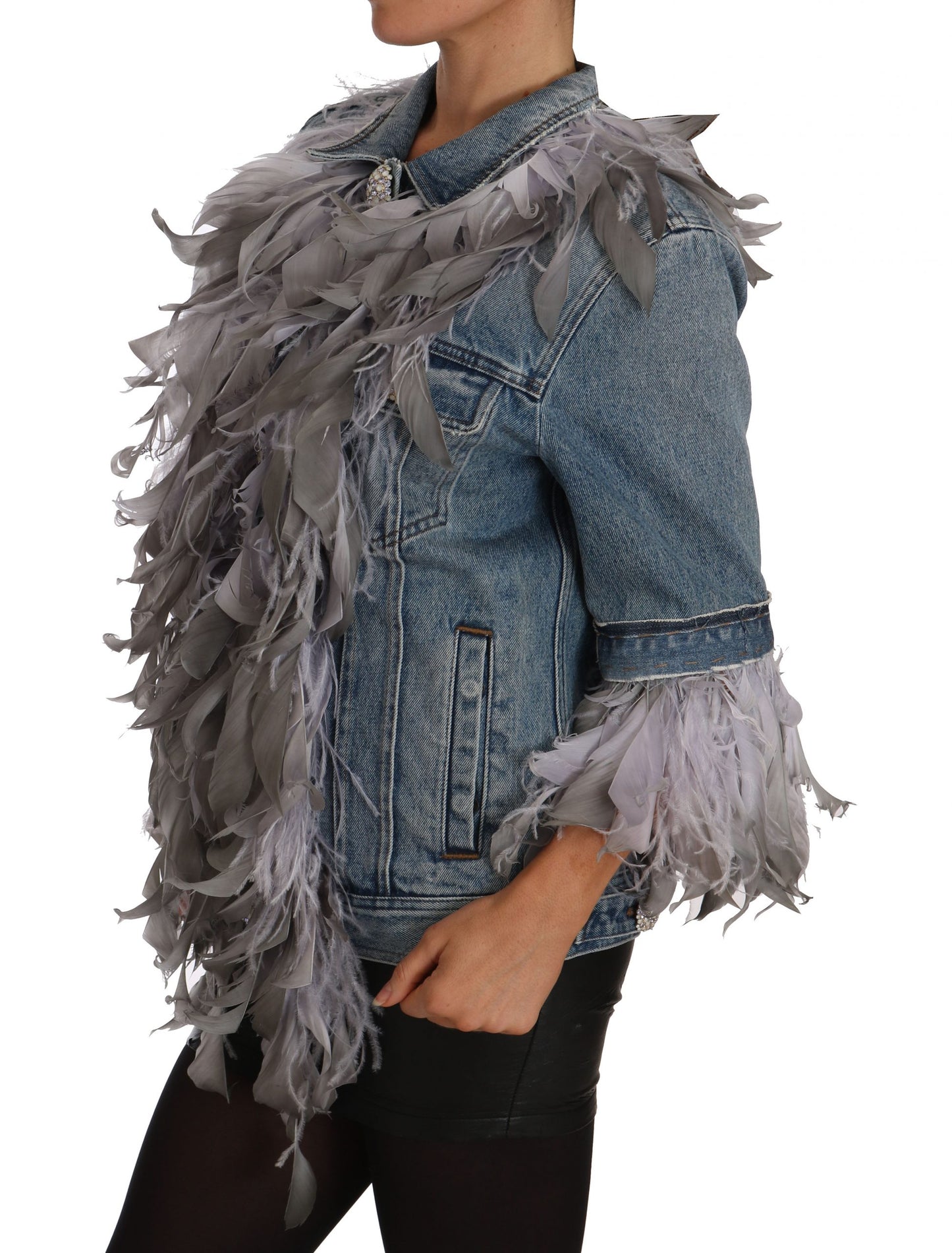 Dolce & Gabbana Denim Jacket Feathers Embellished Buttons