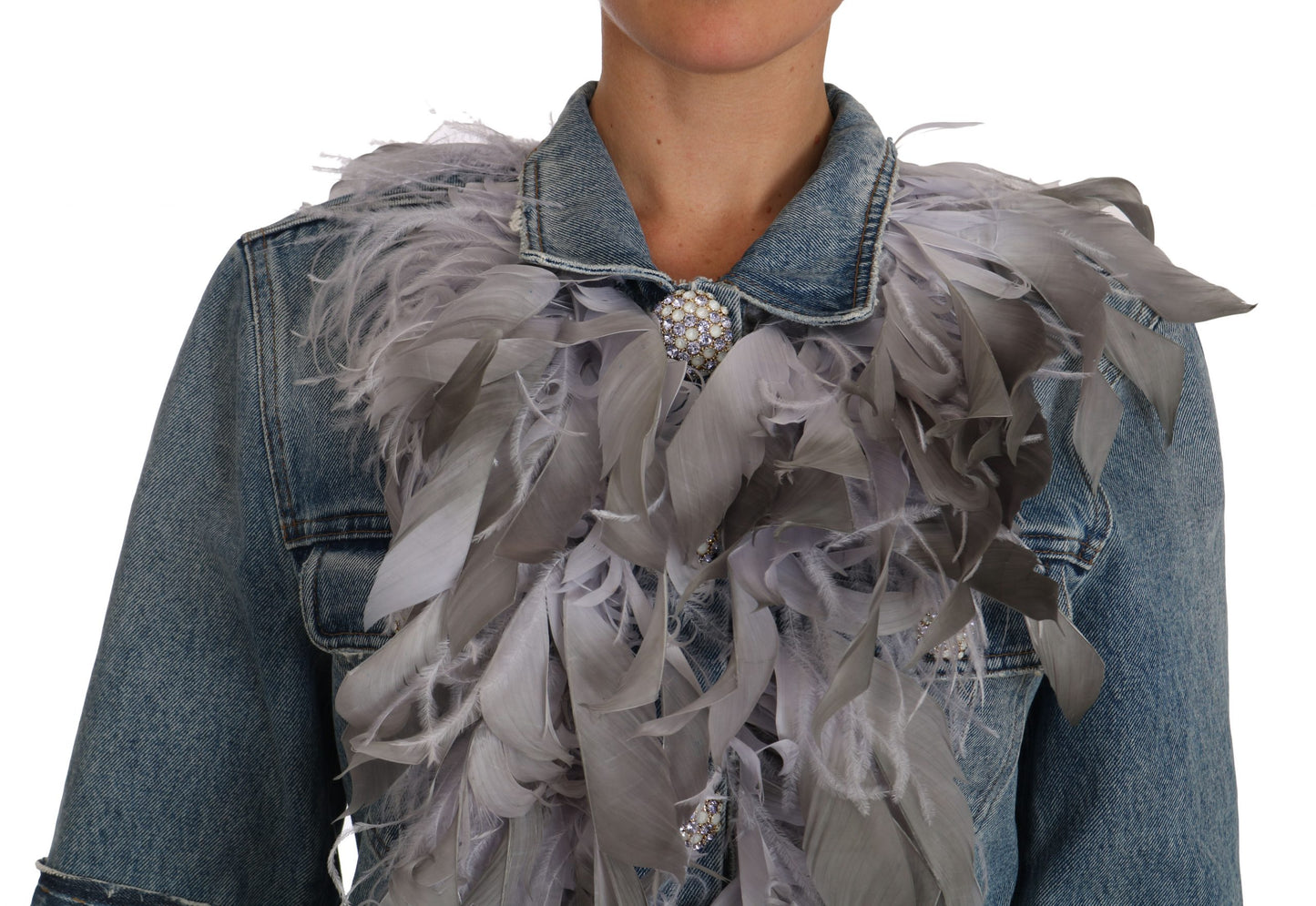 Dolce & Gabbana Denim Jacket Feathers Embellished Buttons