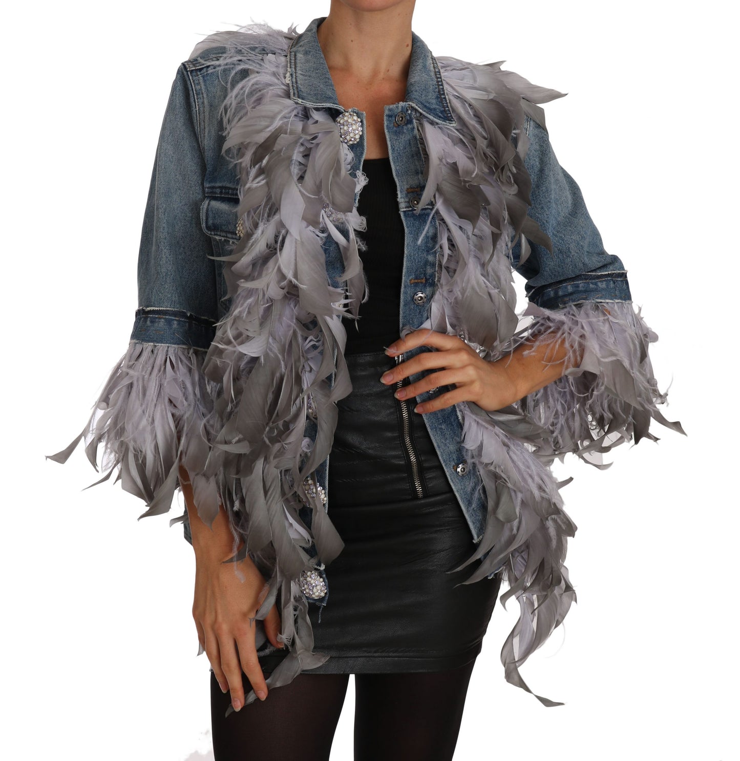 Dolce & Gabbana Denim Jacket Feathers Embellished Buttons