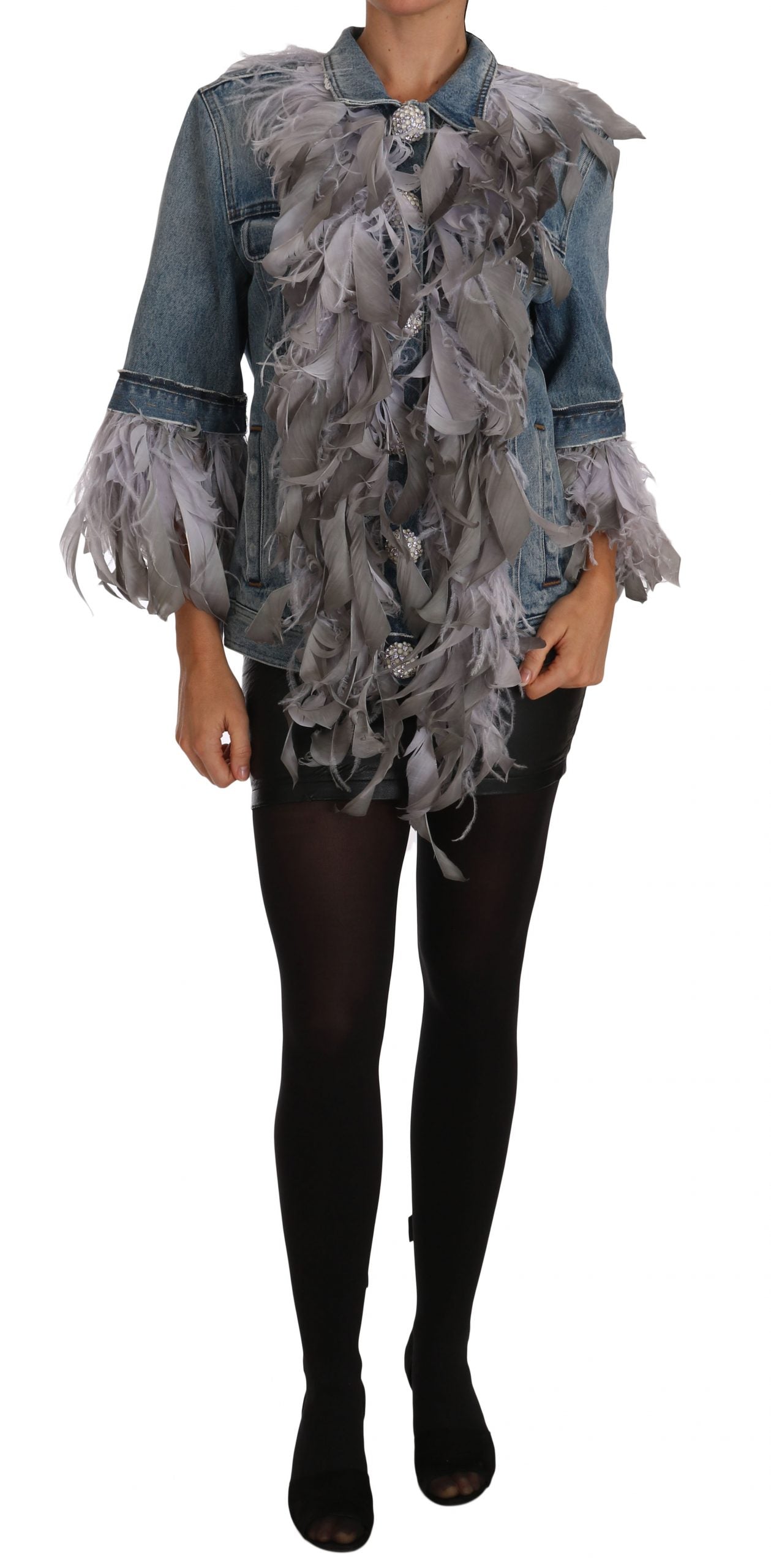 Dolce & Gabbana Denim Jacket Feathers Embellished Buttons