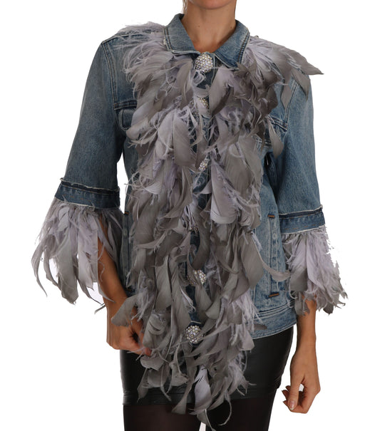 Dolce & Gabbana Denim Jacket Feathers Embellished Buttons