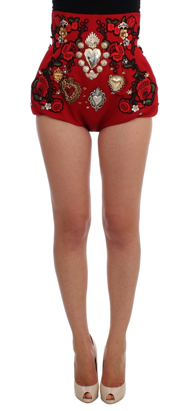 Dolce & Gabbana Red Silk Crystal Roses Shorts