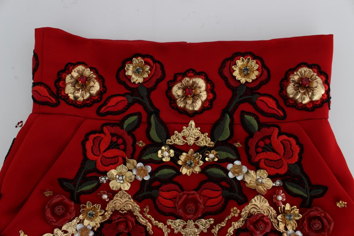 Dolce & Gabbana Red Silk Crystal Roses Shorts