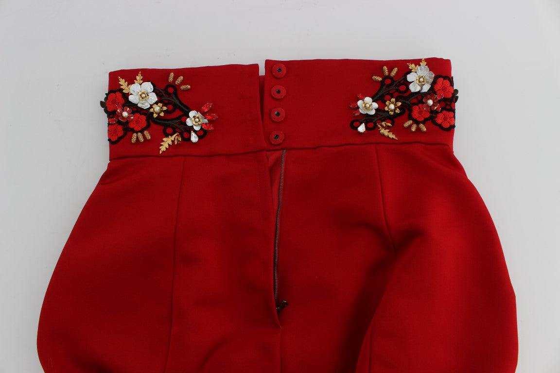 Dolce & Gabbana Red Silk Crystal Roses Shorts