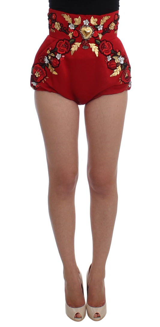 Dolce & Gabbana Red Silk Crystal Roses Shorts