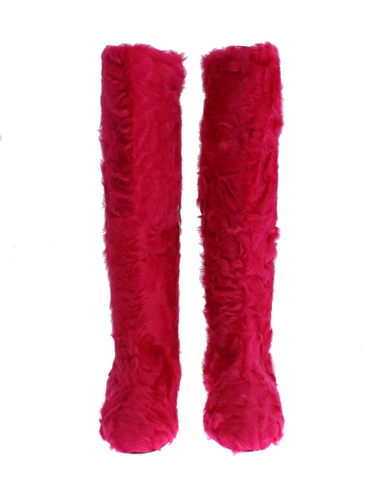 Dolce & Gabbana Pink Lamb Fur Leather Flat Boots