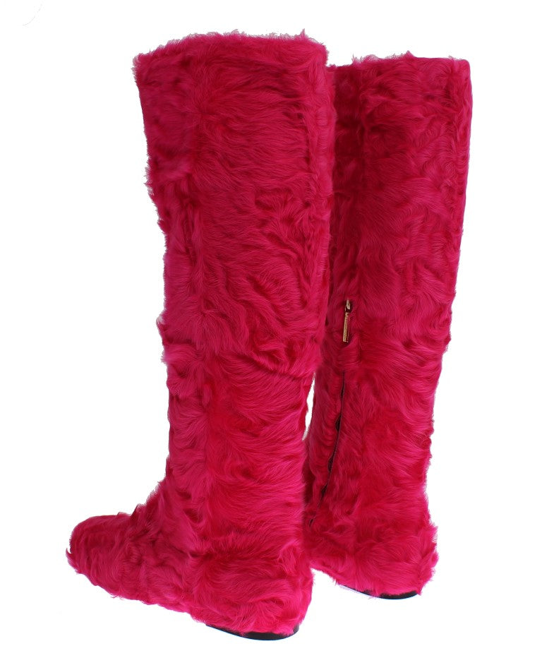 Dolce & Gabbana Pink Lamb Fur Leather Flat Boots