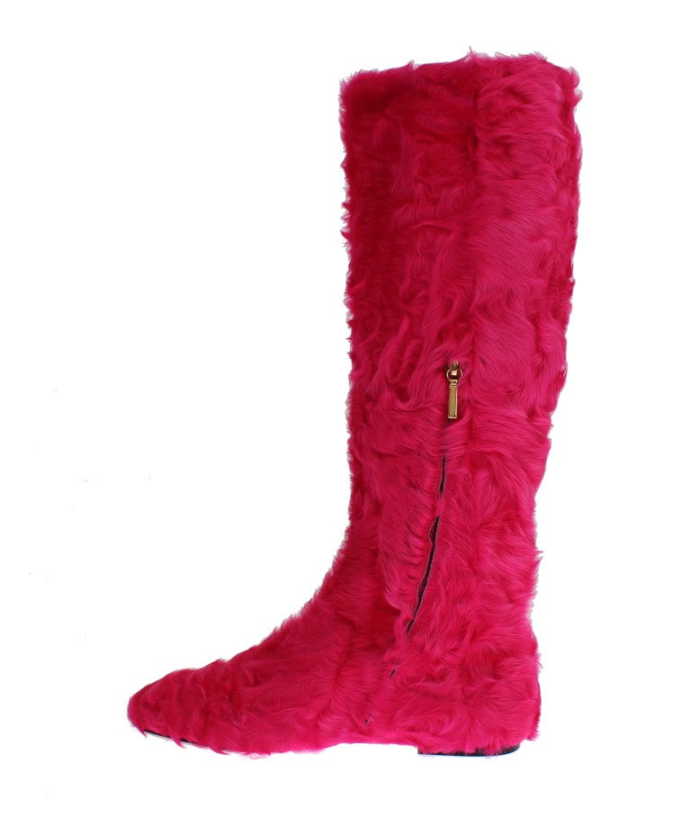 Dolce & Gabbana Pink Lamb Fur Leather Flat Boots