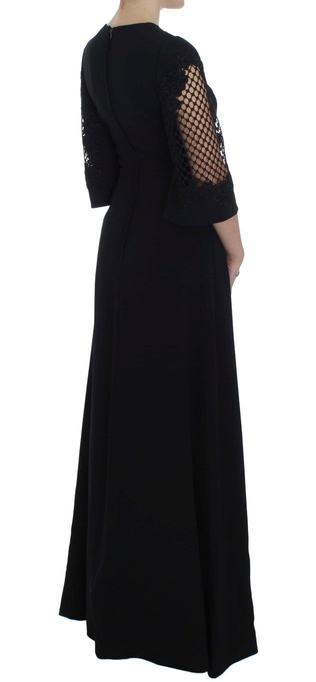 Dolce & Gabbana Black Ricamo Wool Stretch Maxi Dress