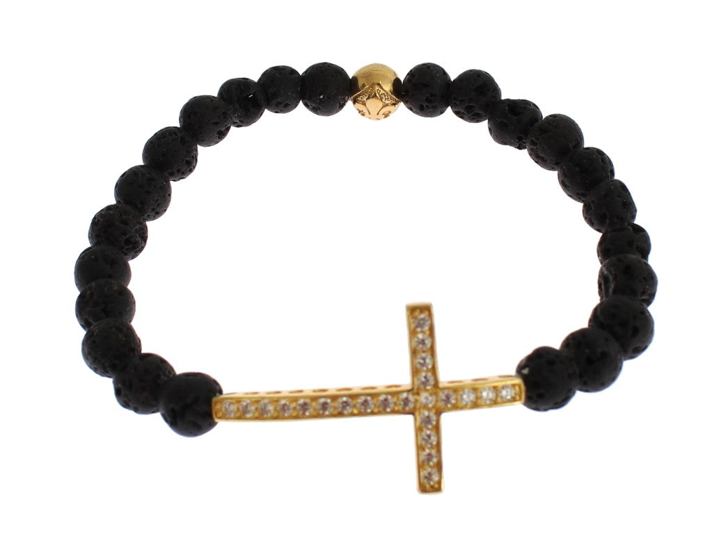 Nialaya Lava Stone Gold Clear CZ Cross 925 Silver Bracelet