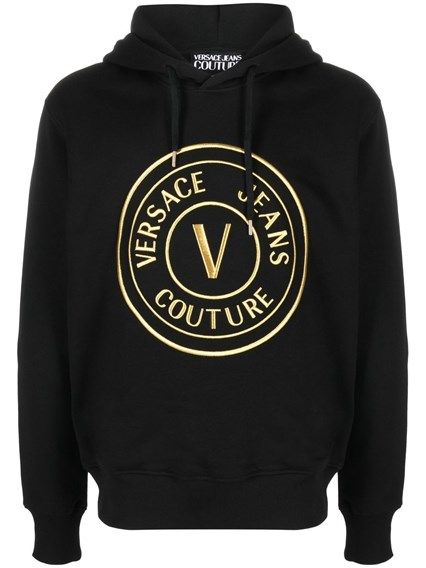 Versace Jeans Black Cotton Logo Details Hooded Sweatshirt