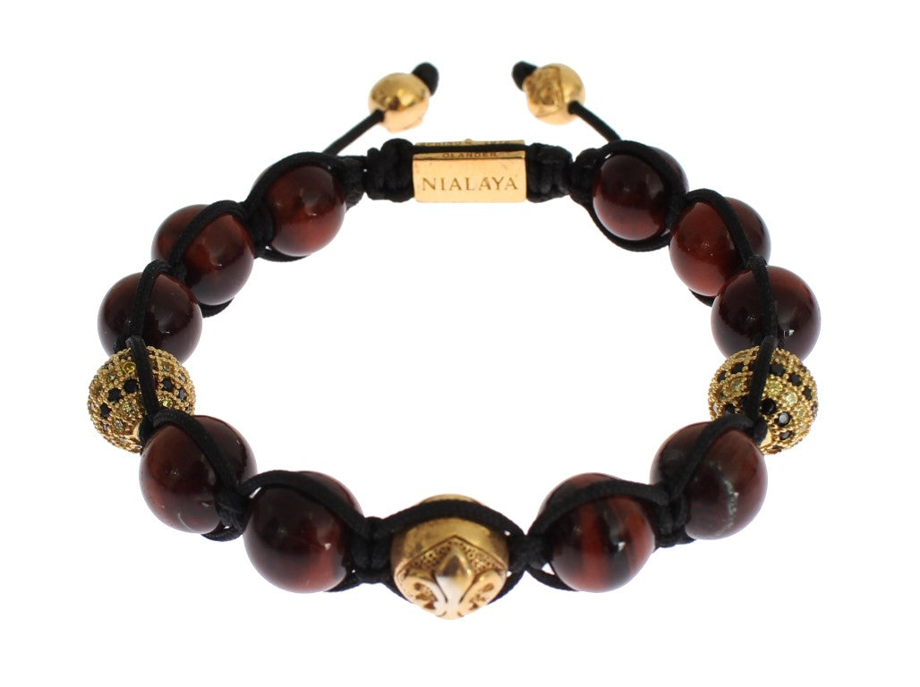 Nialaya CZ Red Tigers Eye Gold 925 Silver Bracelet