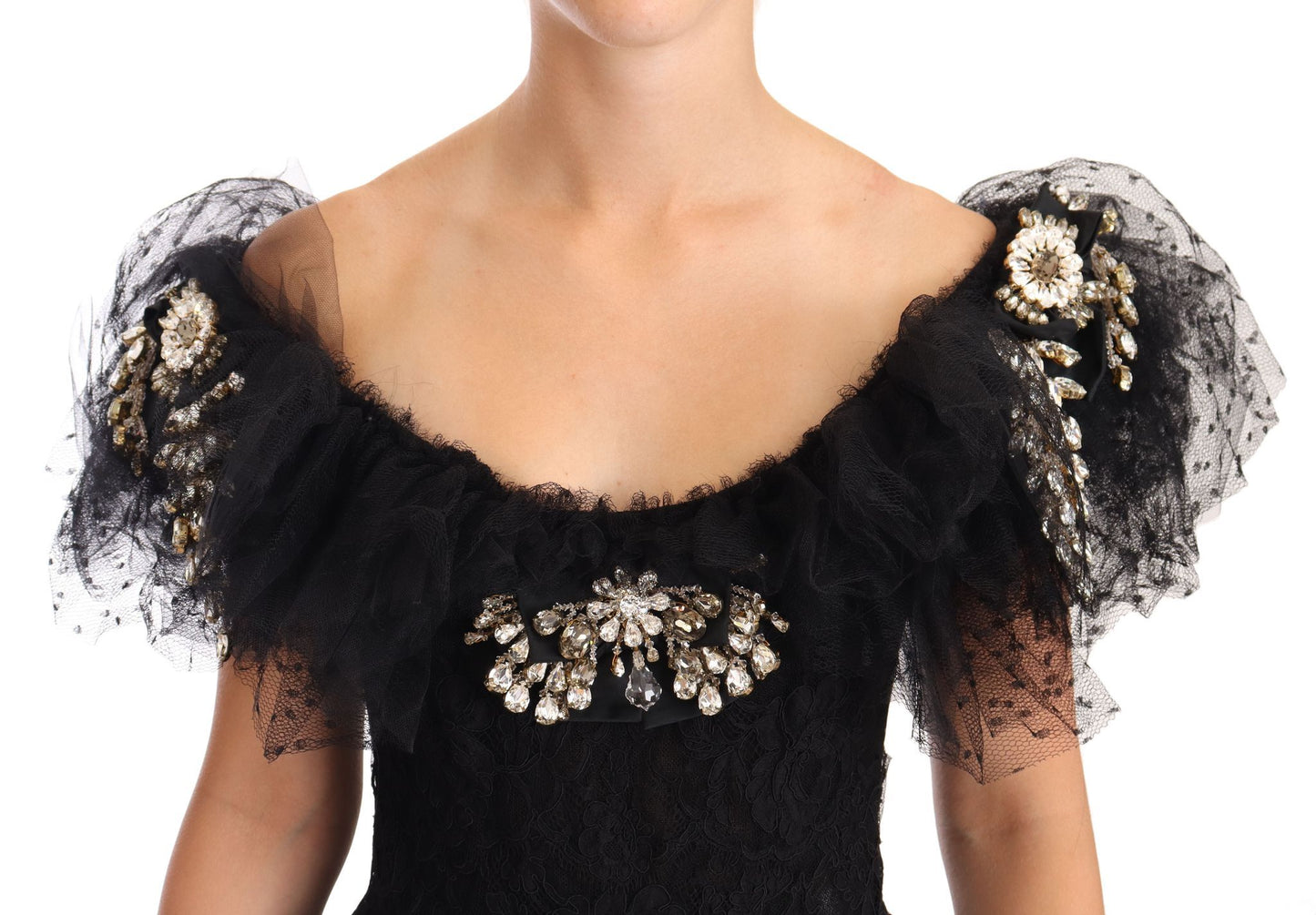 Dolce & Gabbana Black Floral Lace Crystal Ball Gown Dress