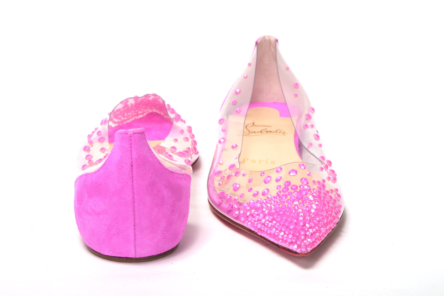 Christian Louboutin Hot Pink Suede Crystals Flat Point Toe Shoe