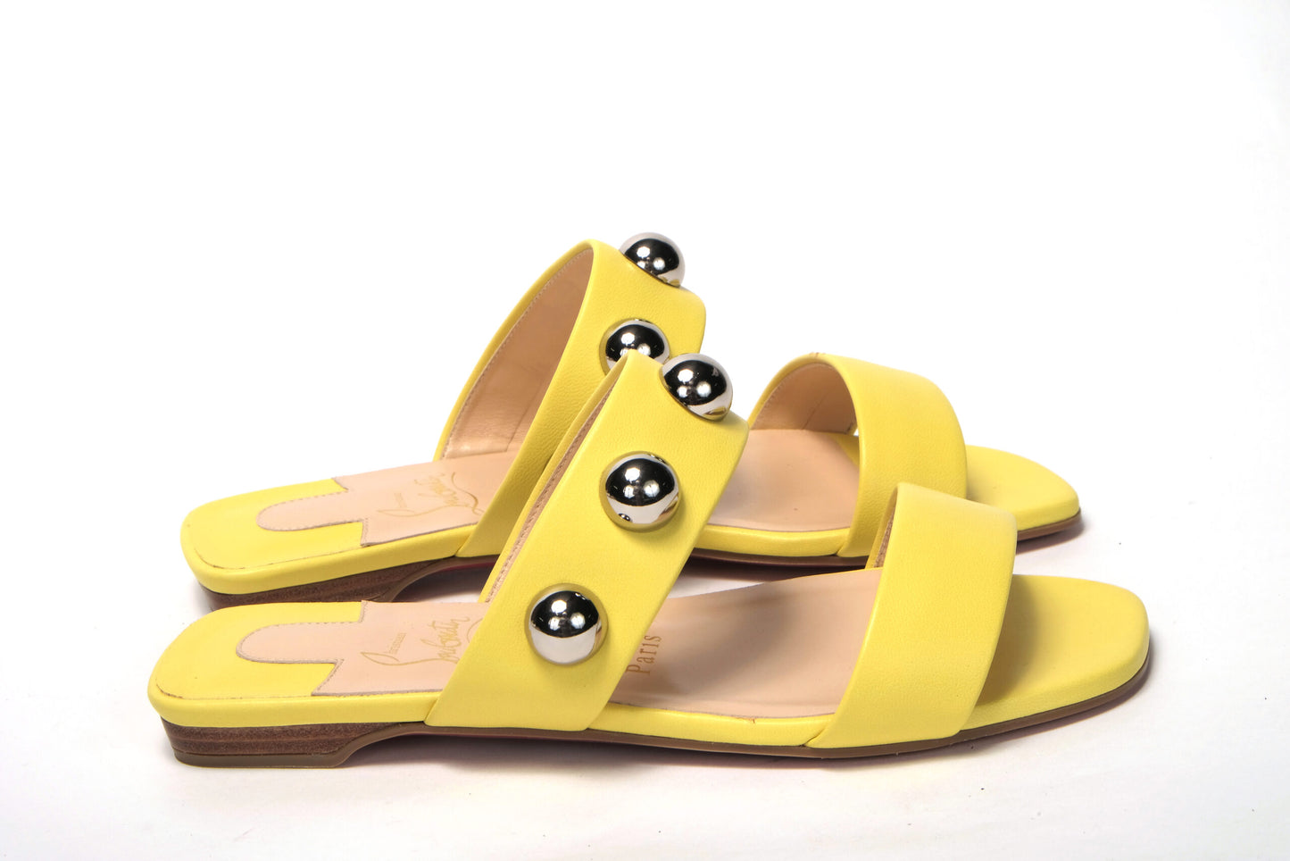 Christian Louboutin Bright Yellow Silver Wide Strap Studded Flat