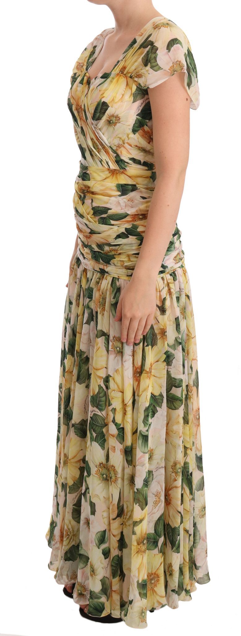 Dolce & Gabbana Yellow Silk Floral Print Pleated Max Dress