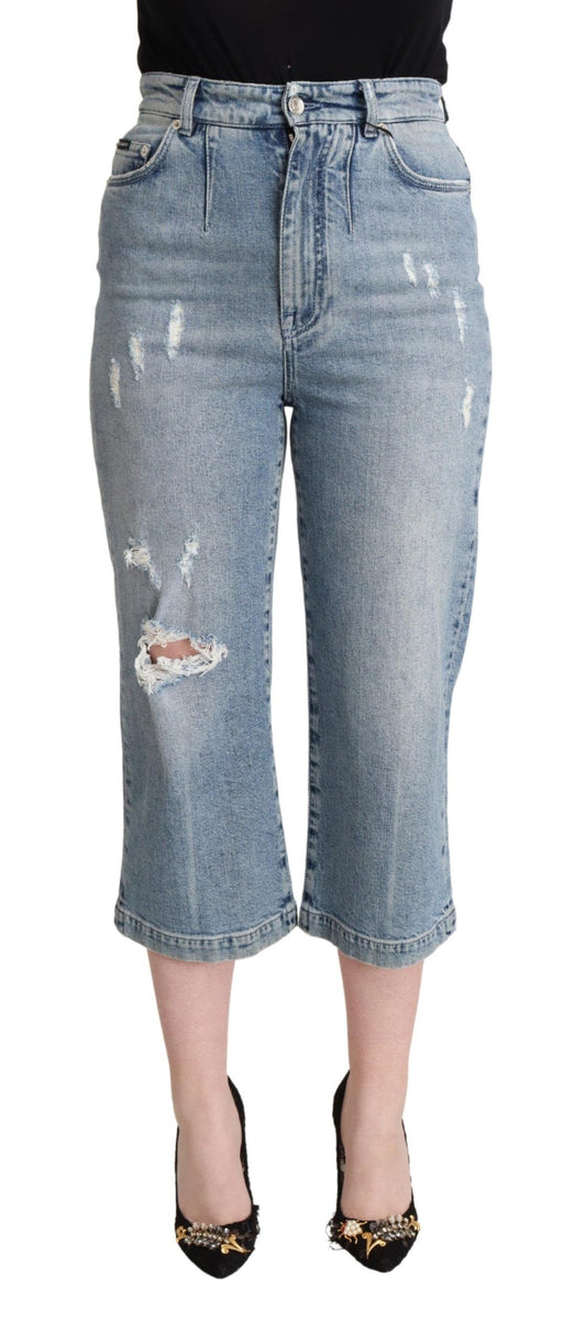 Dolce & Gabbana Blue Tattered Cotton Denim Capri Cropped Jeans