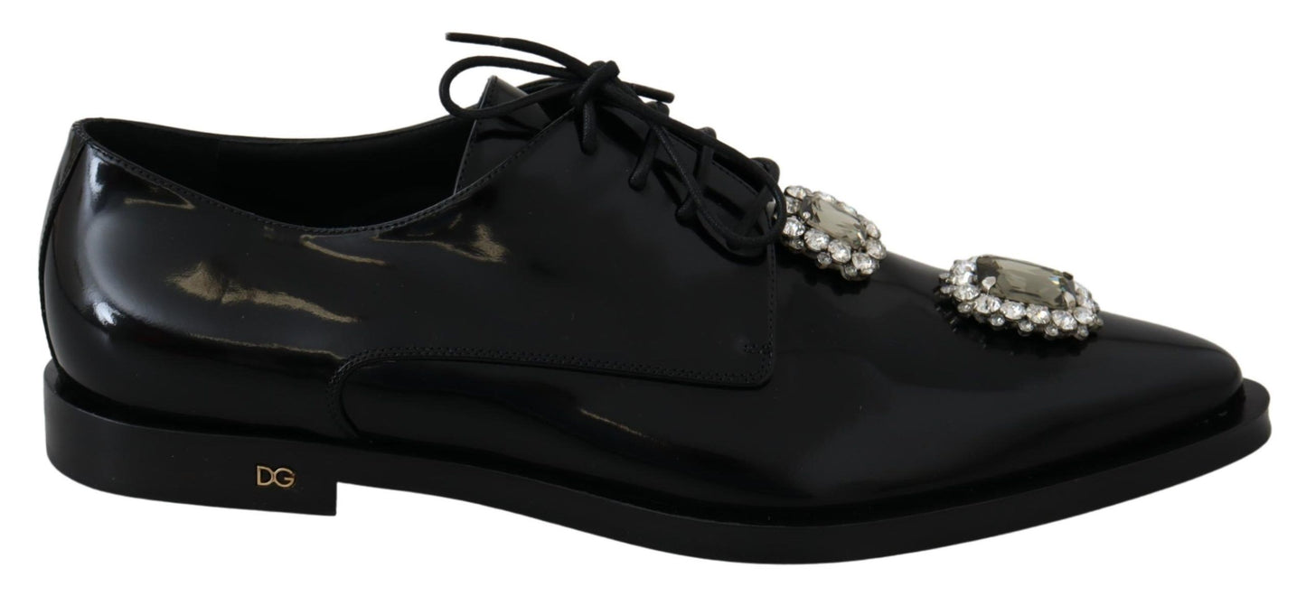 Dolce & Gabbana Black Leather Crystal Lace Up Formal Shoes