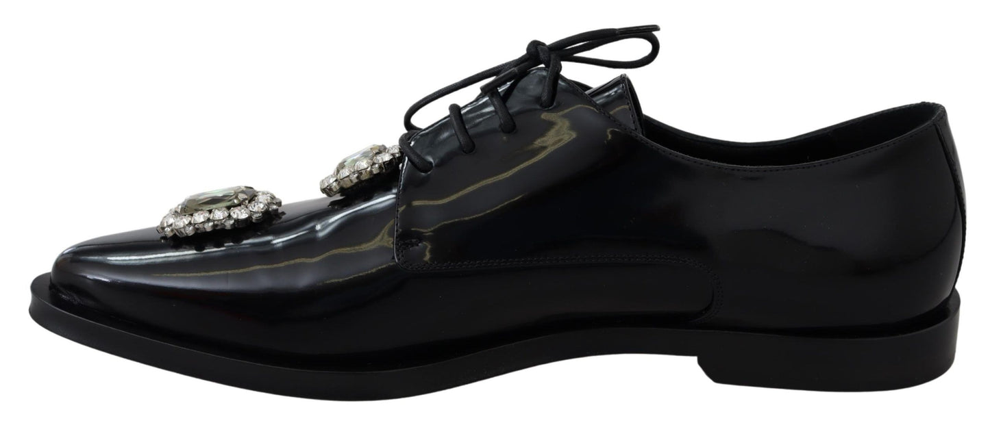 Dolce & Gabbana Black Leather Crystal Lace Up Formal Shoes