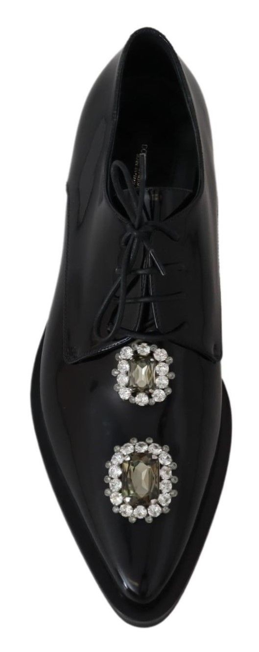 Dolce & Gabbana Black Leather Crystal Lace Up Formal Shoes