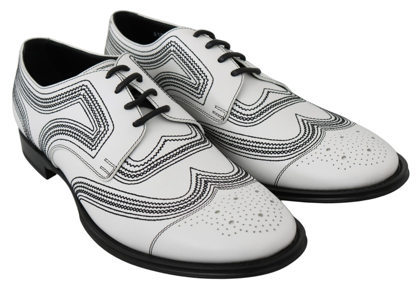 Dolce & Gabbana White Leather Derby Formal Black Lace Shoes