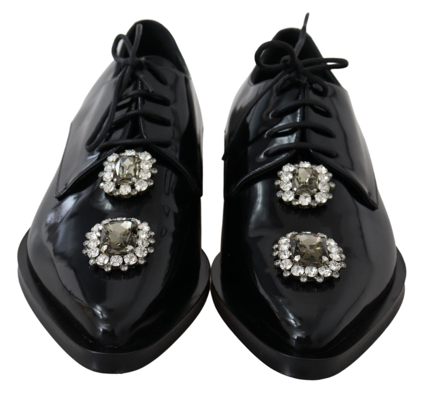 Dolce & Gabbana Black Leather Crystal Lace Up Formal Shoes