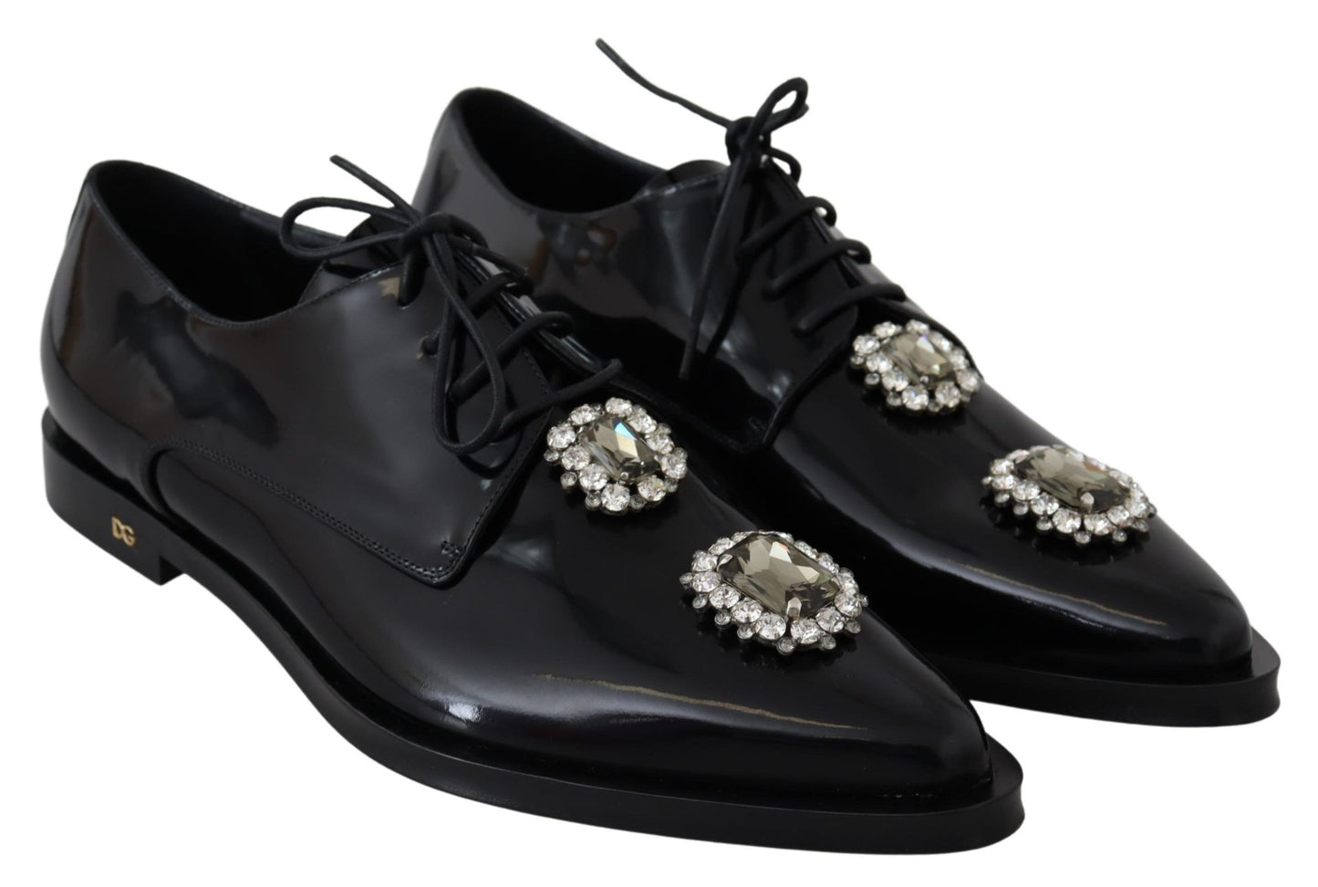 Dolce & Gabbana Black Leather Crystal Lace Up Formal Shoes