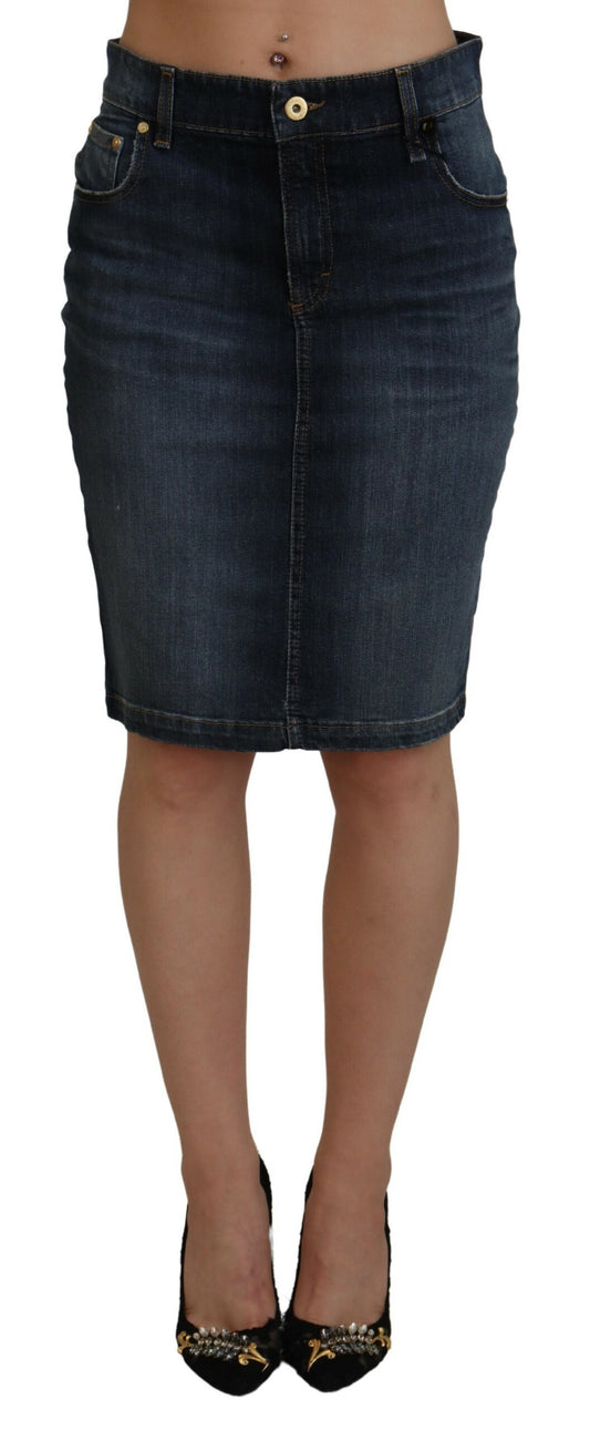 Fiorucci Dark Blue Washed Mid Waist Pencil Cut Denim Skirt