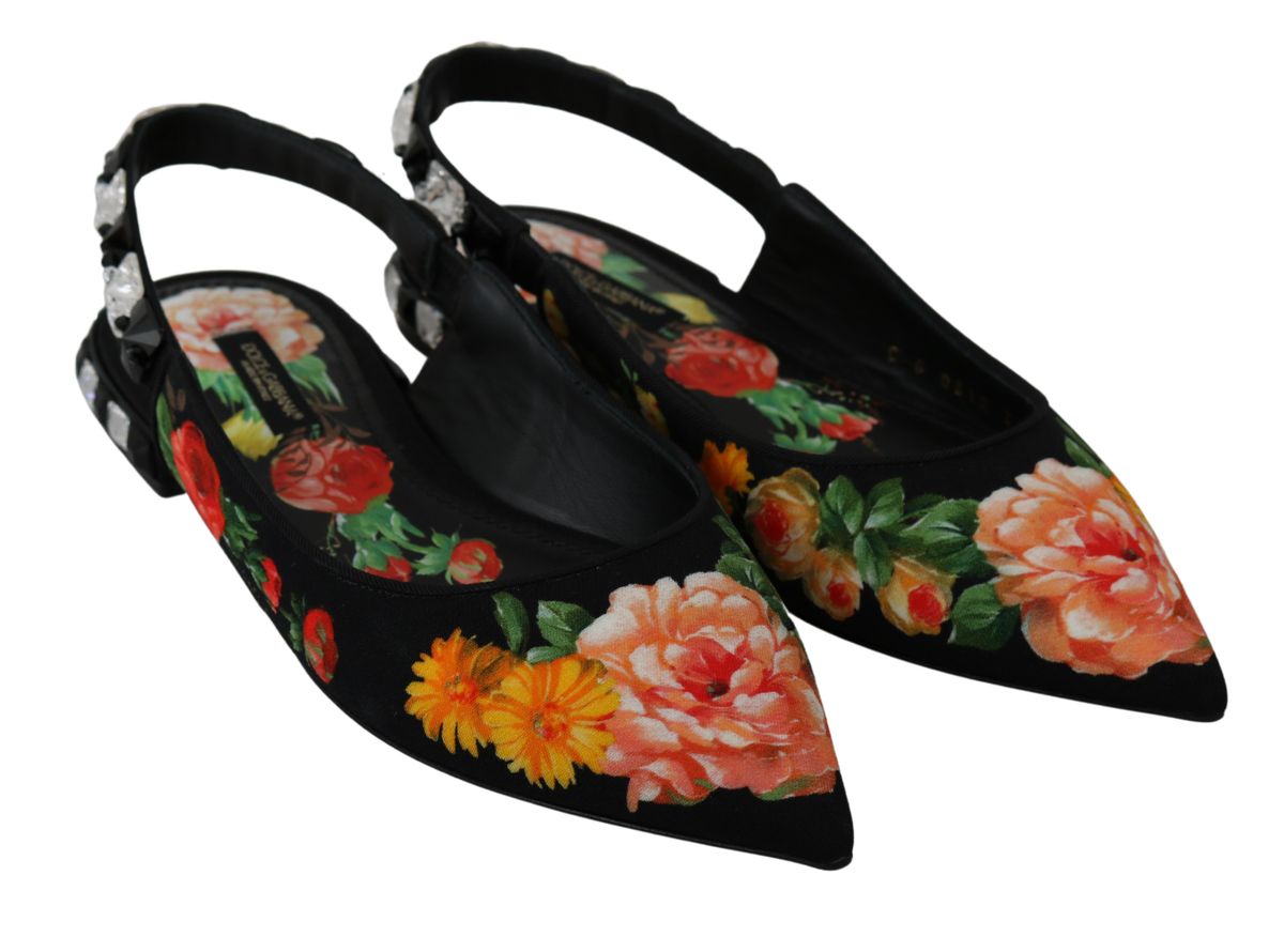 Dolce & Gabbana Black Floral Crystal Slingbacks Flats Shoes