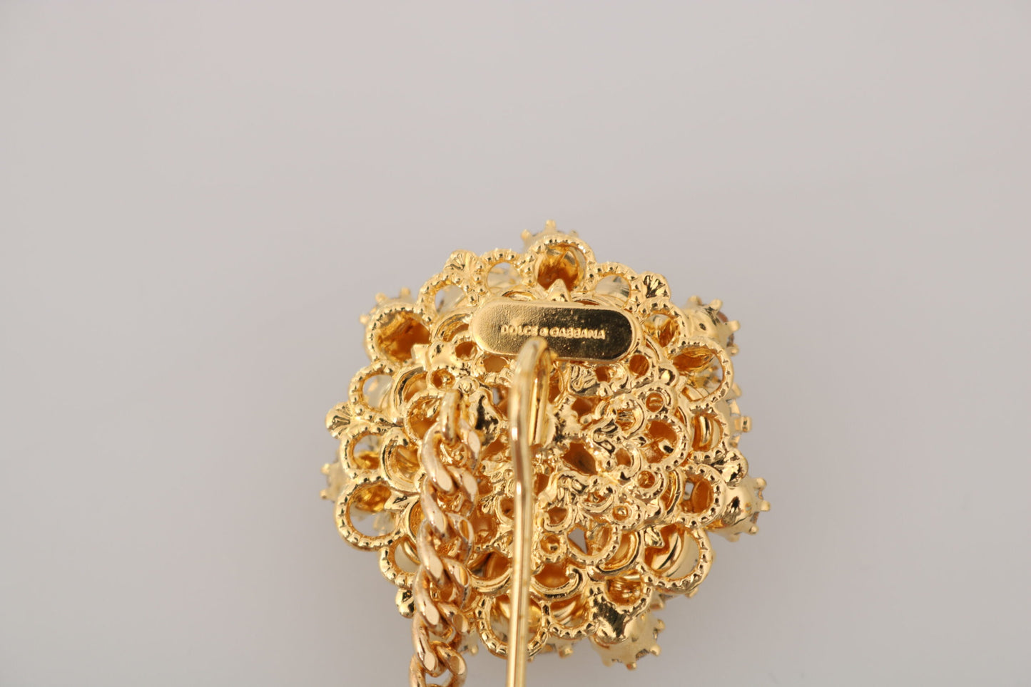 Dolce & Gabbana Gold Brass Clear Crystal Chain Pin Women Brooch