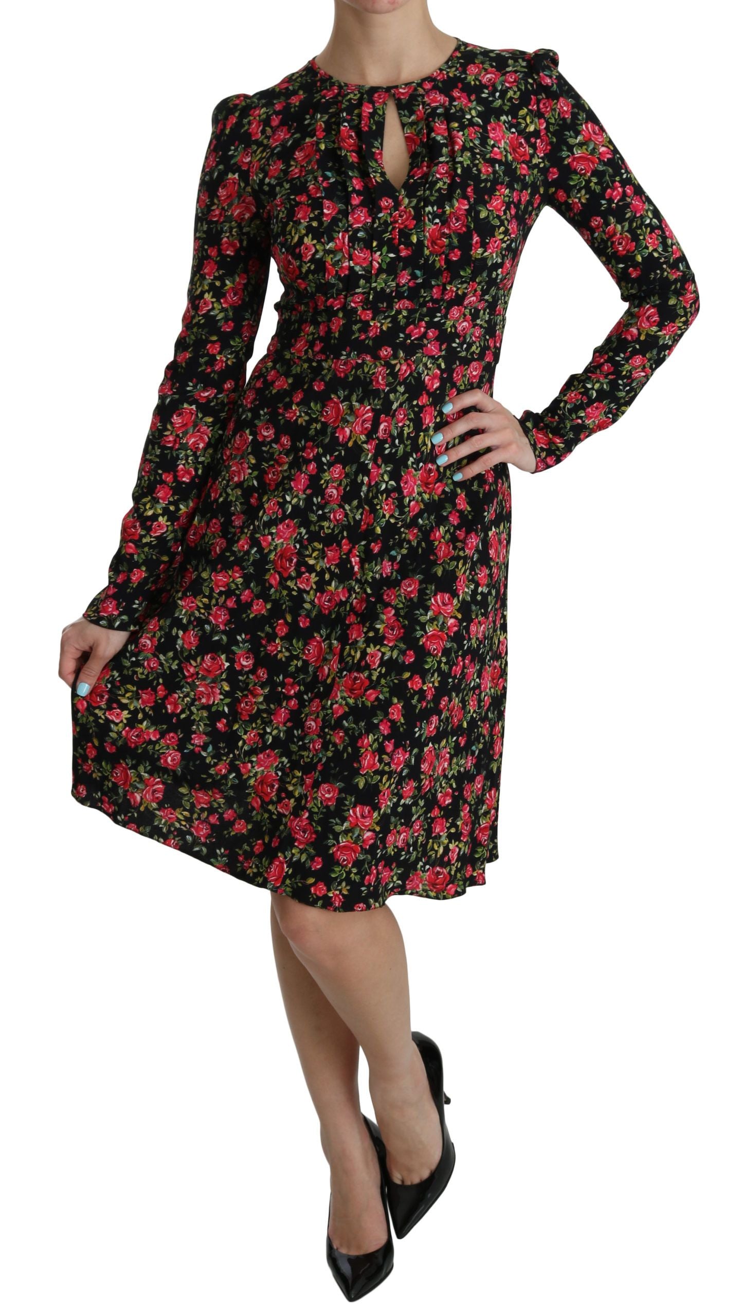 Dolce & Gabbana Black Floral Longsleeve Knee Length Dress