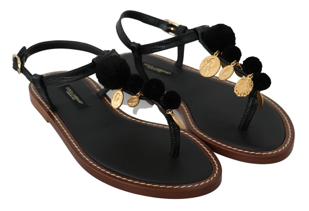 Dolce & Gabbana Black Leather Coins Flip Flops Sandals Shoes