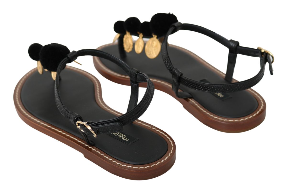 Dolce & Gabbana Black Leather Coins Flip Flops Sandals Shoes