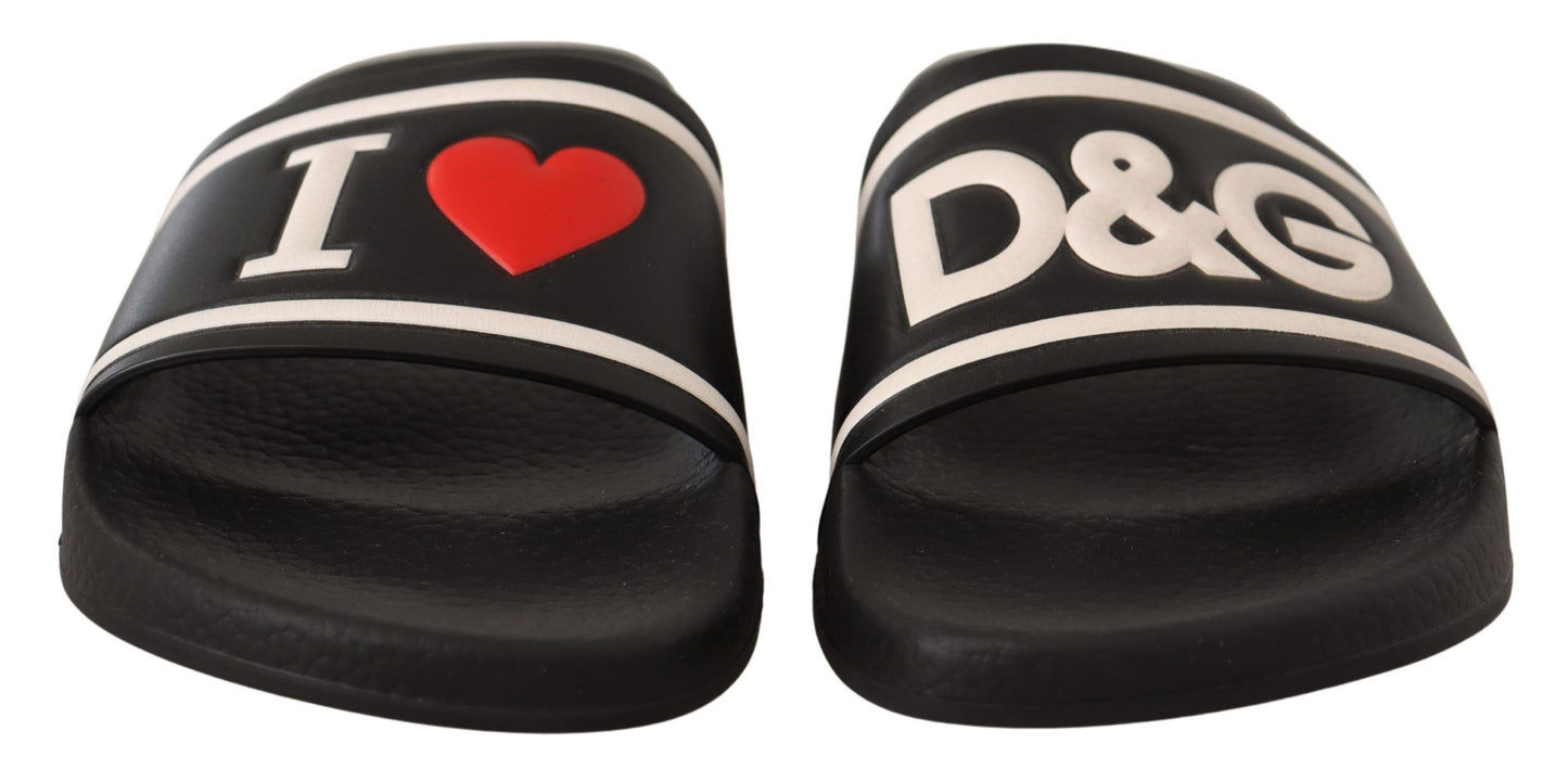 Dolce & Gabbana Black Leather I Love D&G Slides Sandals