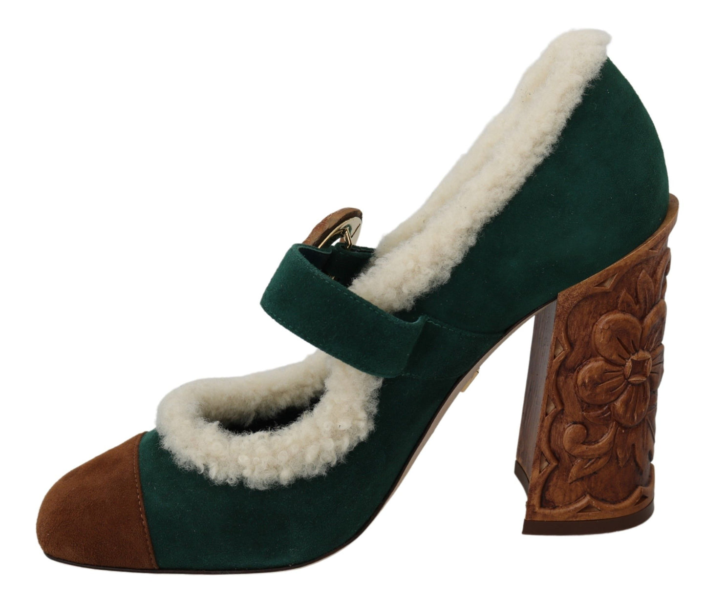 Dolce & Gabbana Green Suede Fur Shearling Mary Jane Shoes