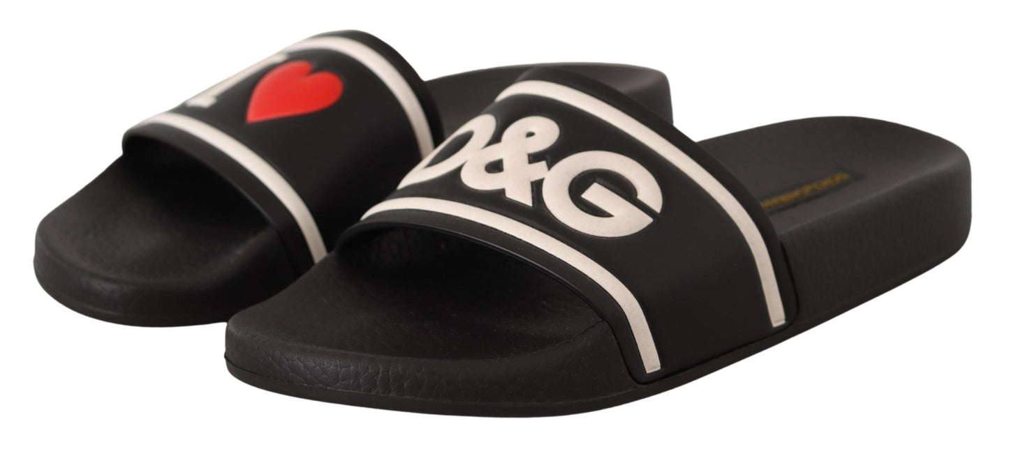 Dolce & Gabbana Black Leather I Love D&G Slides Sandals