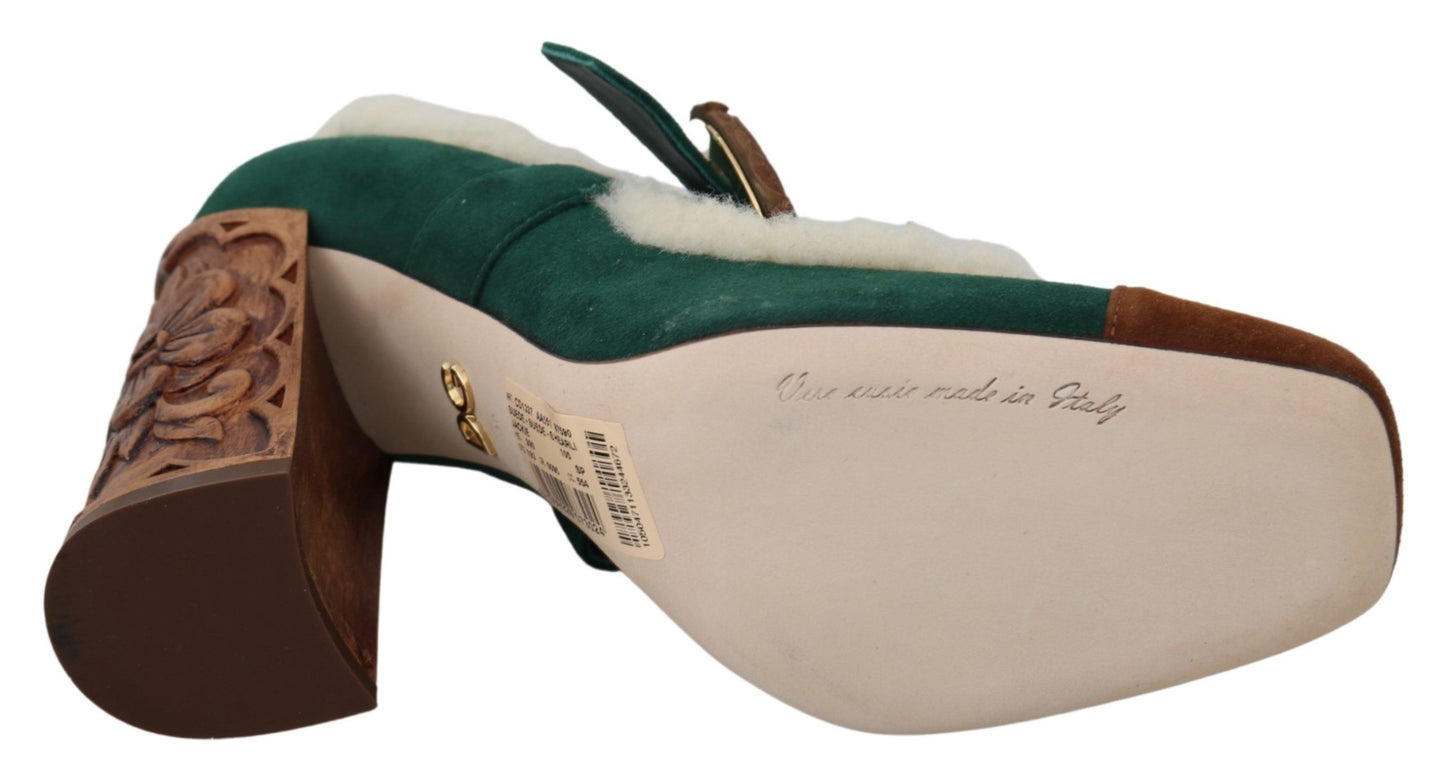 Dolce & Gabbana Green Suede Fur Shearling Mary Jane Shoes