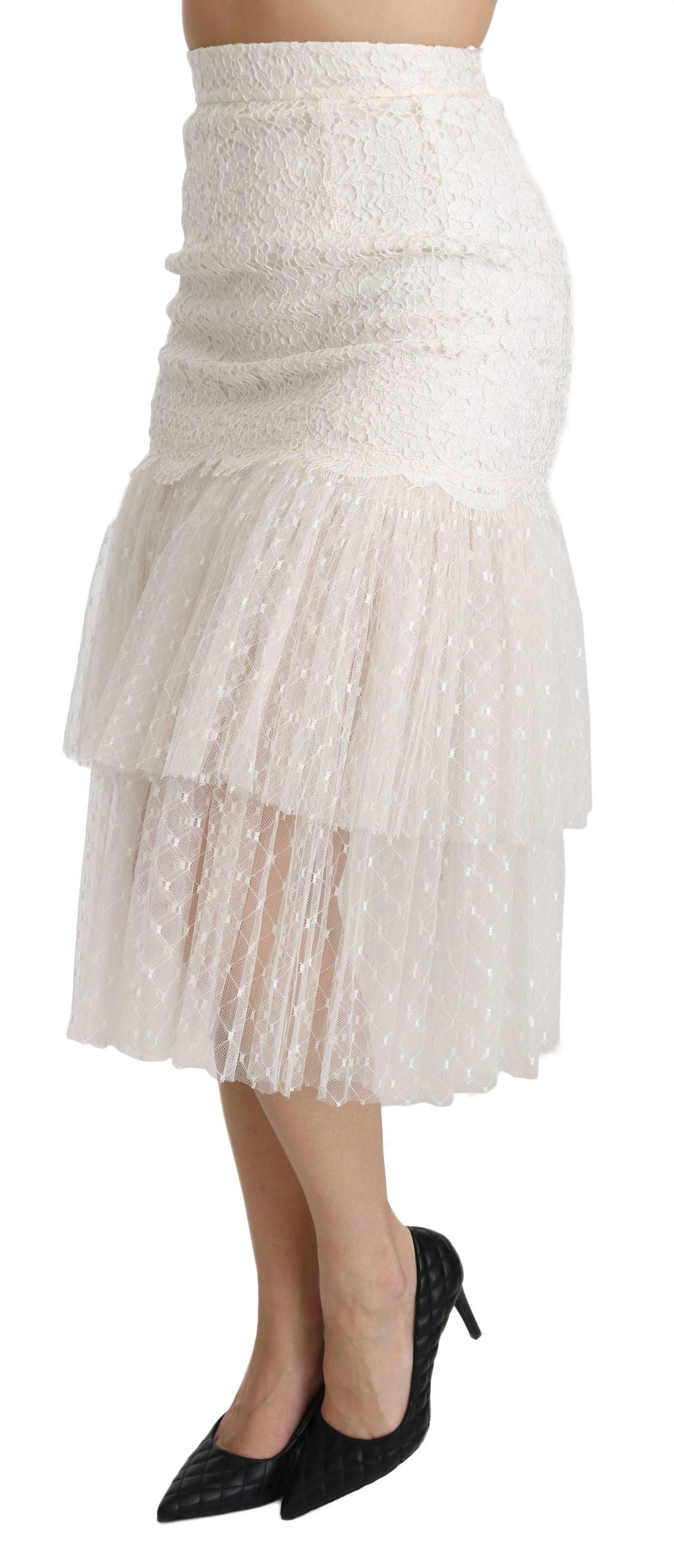 Dolce & Gabbana White Lace Layered High Waist Midi Cotton  Skirt