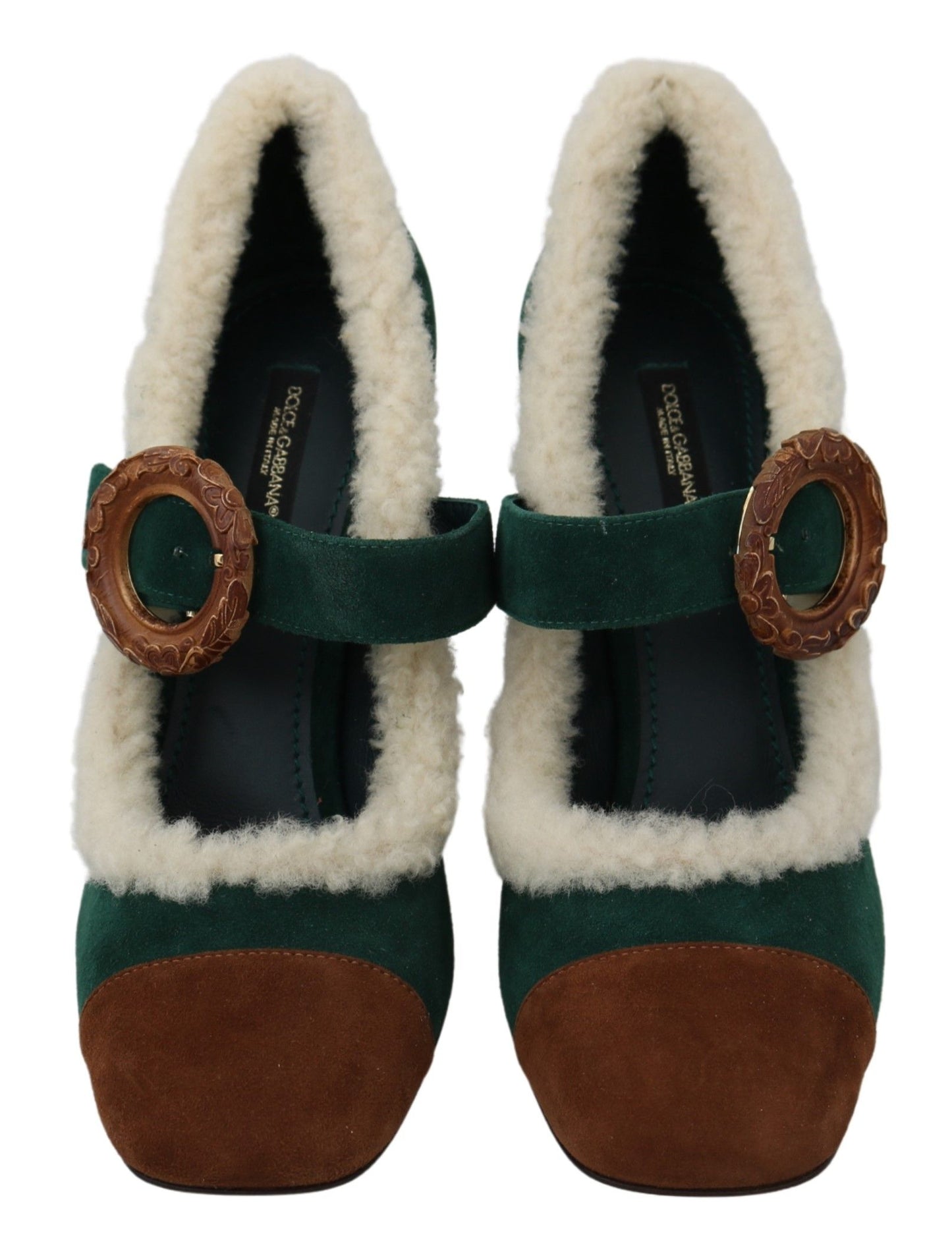 Dolce & Gabbana Green Suede Fur Shearling Mary Jane Shoes