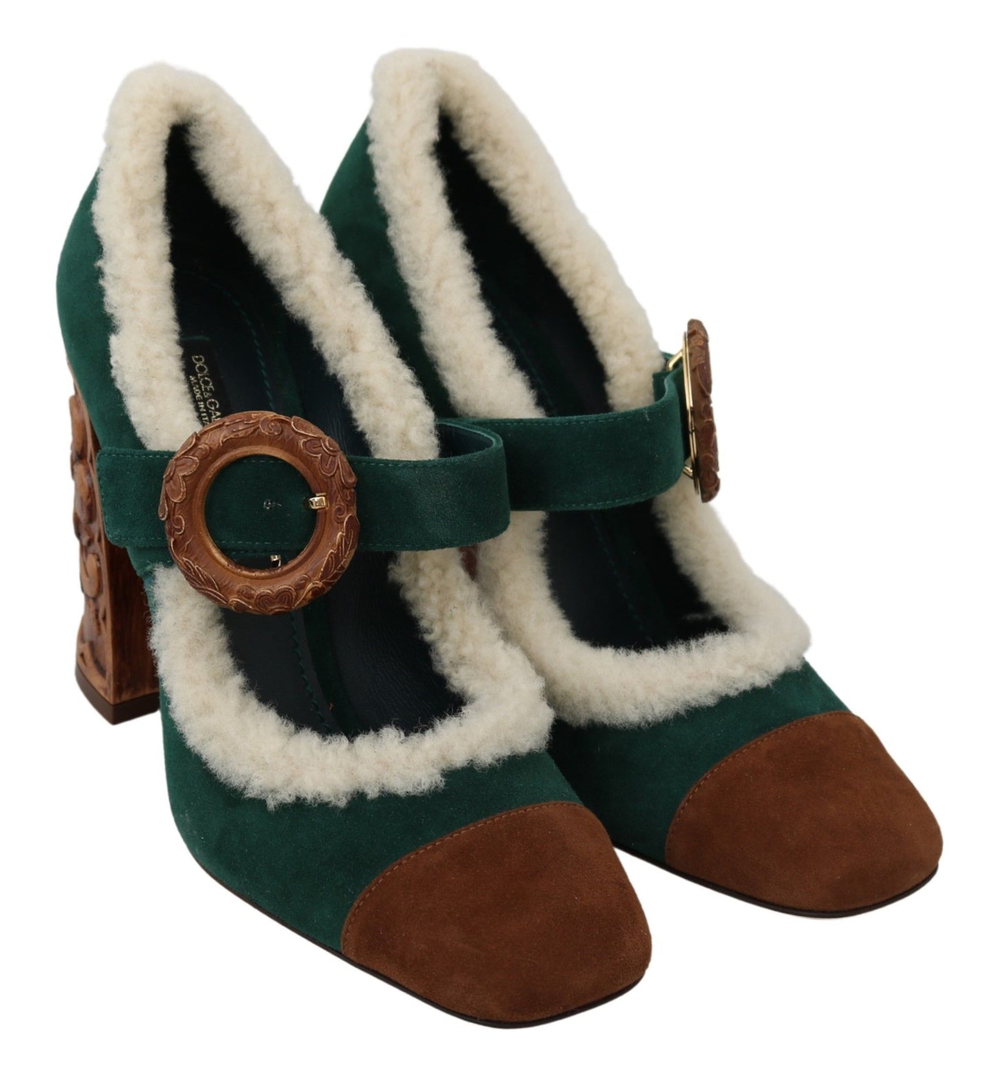 Dolce & Gabbana Green Suede Fur Shearling Mary Jane Shoes