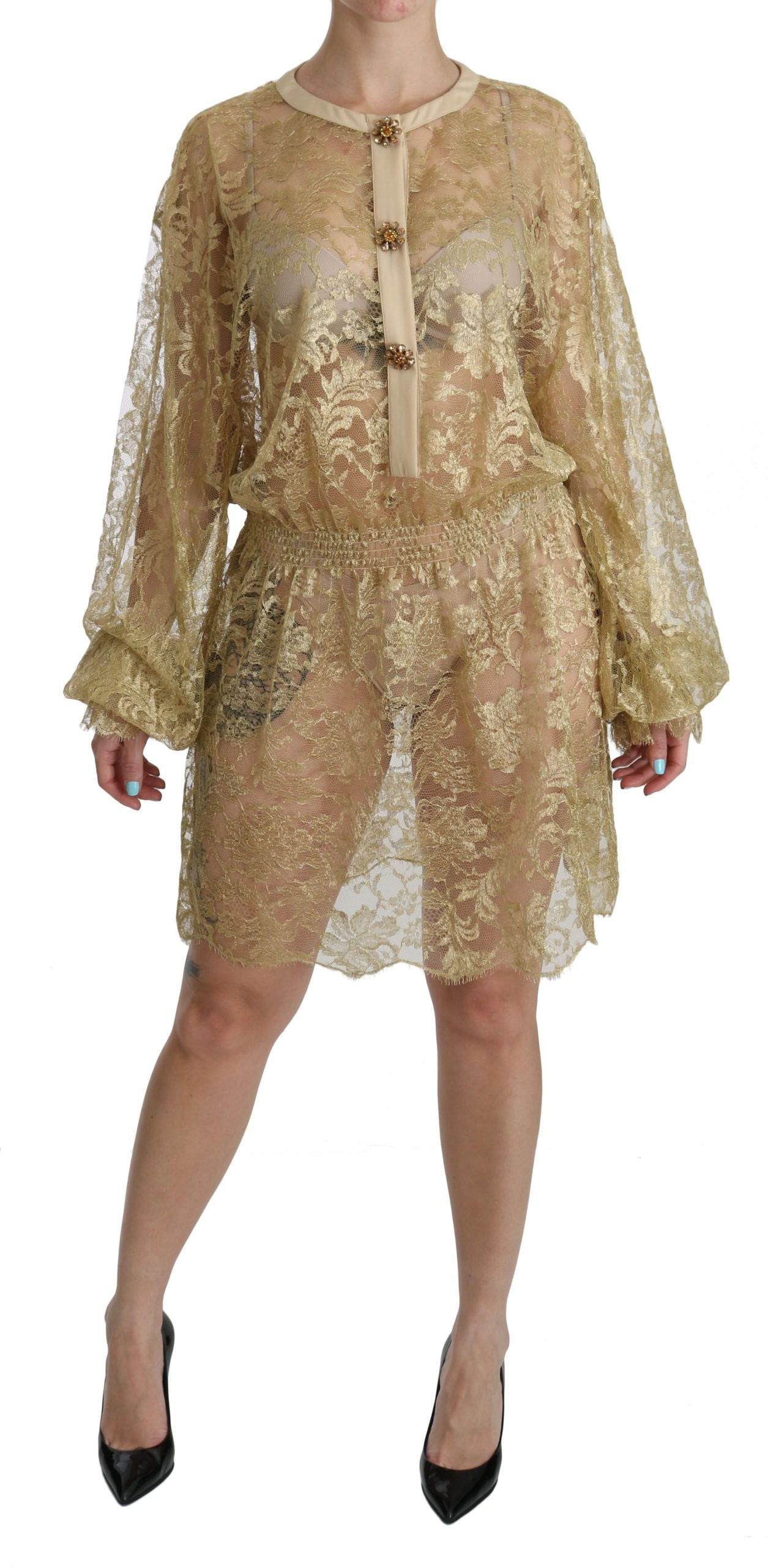 Dolce & Gabbana Gold Lace See Through A-Line Knee Length Dress