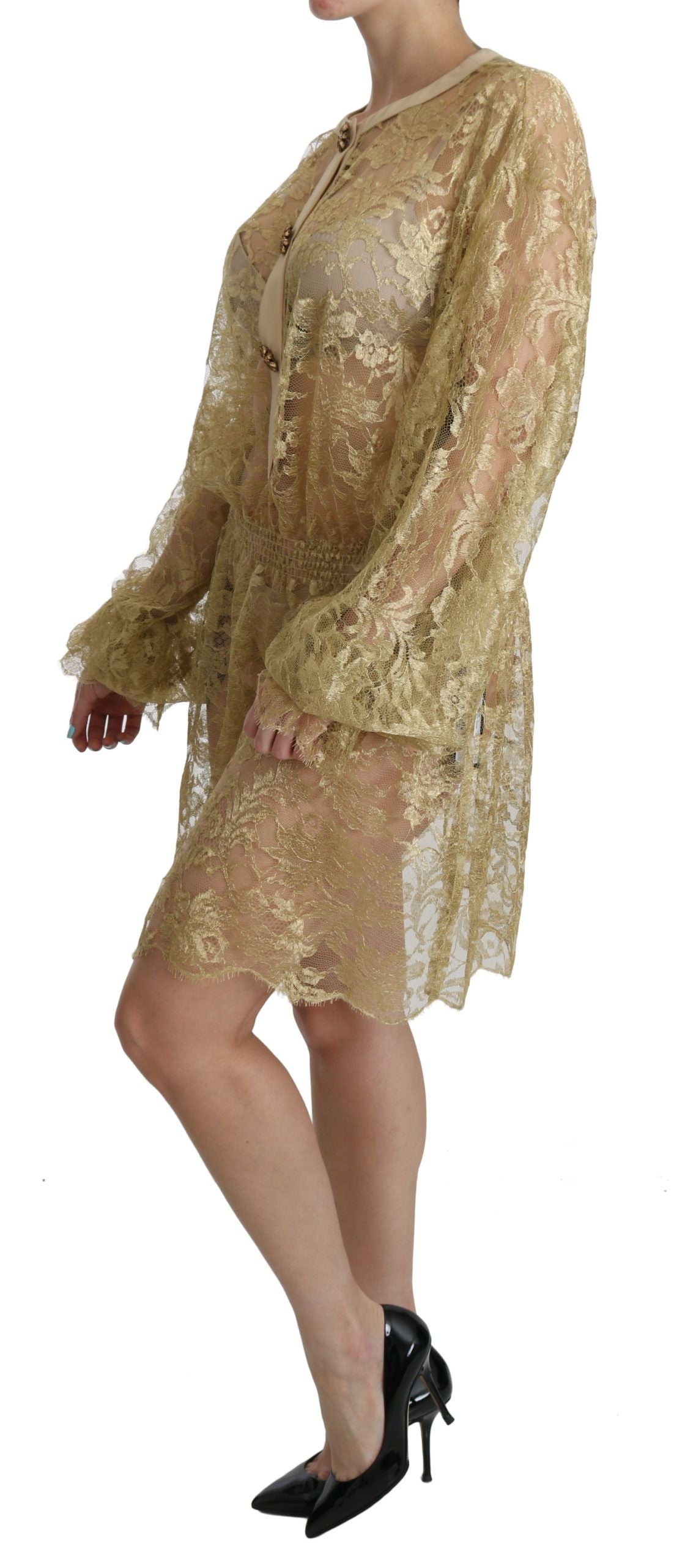 Dolce & Gabbana Gold Lace See Through A-Line Knee Length Dress