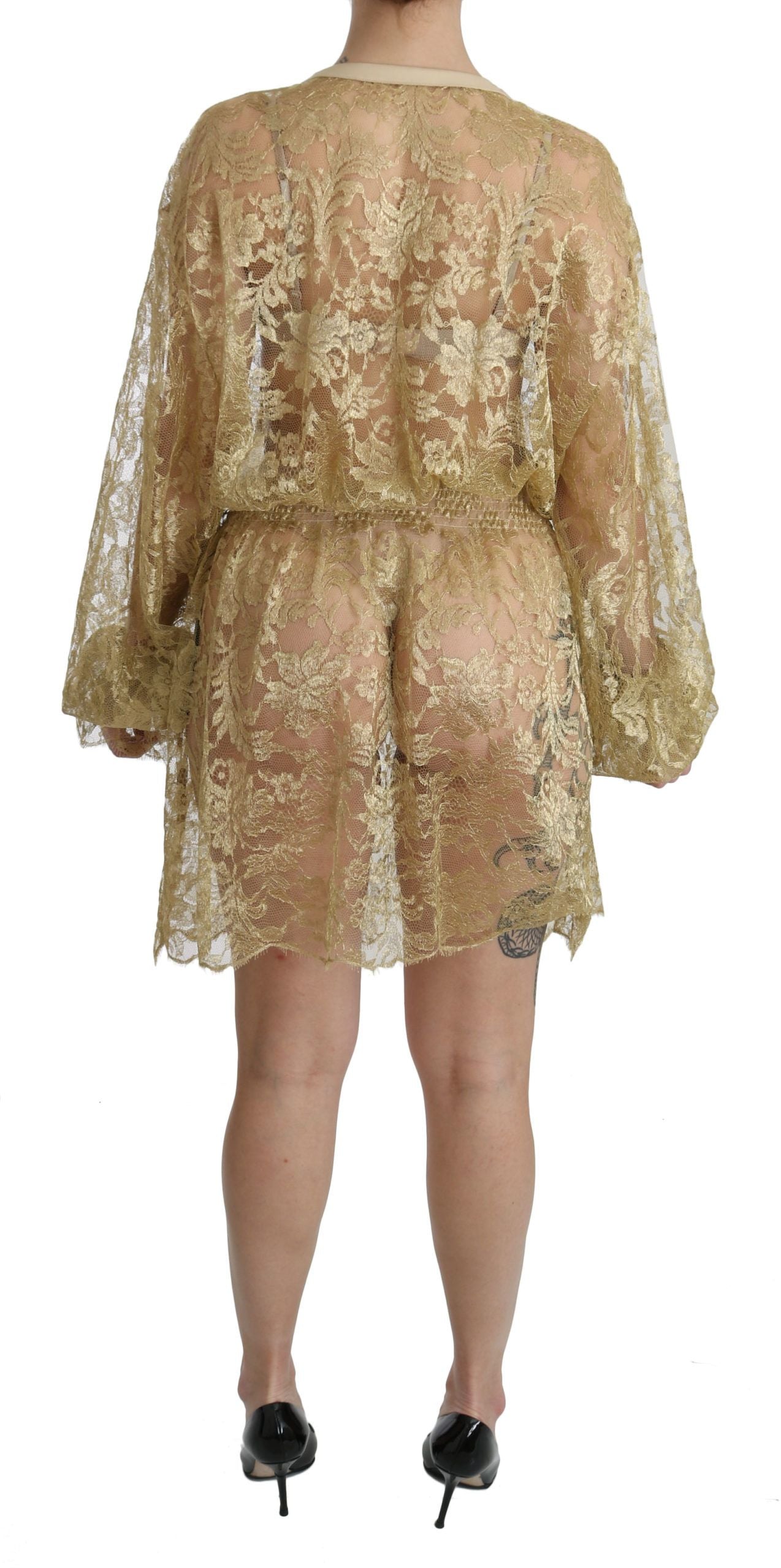 Dolce & Gabbana Gold Lace See Through A-Line Knee Length Dress