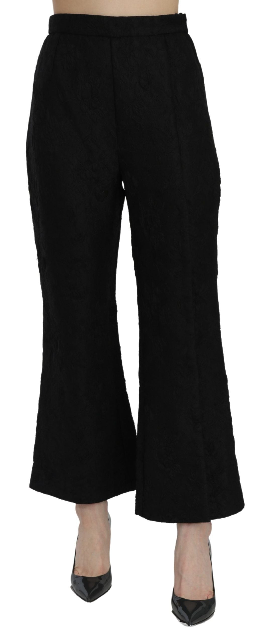 Dolce & Gabbana Black High Waist Flared Cropped Brocade Pants