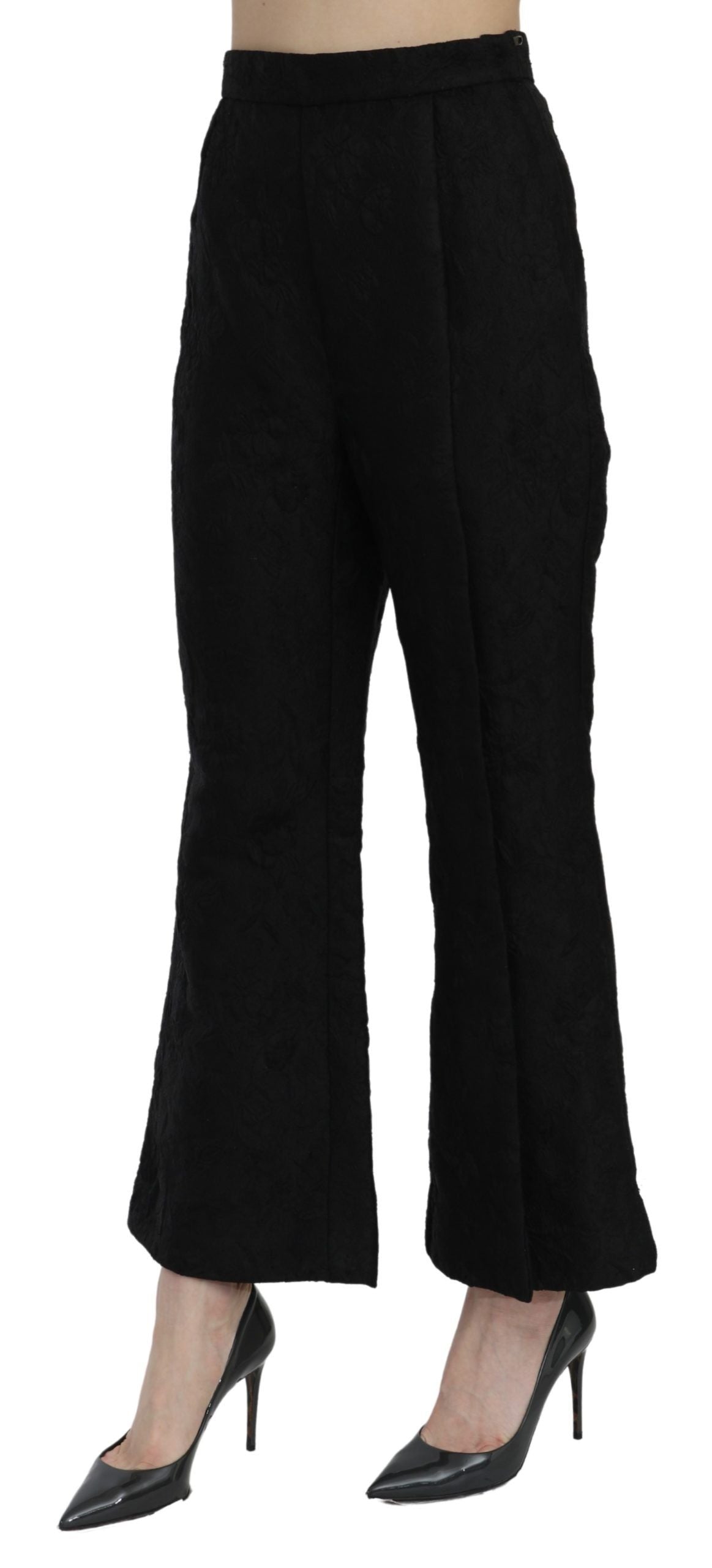 Dolce & Gabbana Black High Waist Flared Cropped Brocade Pants